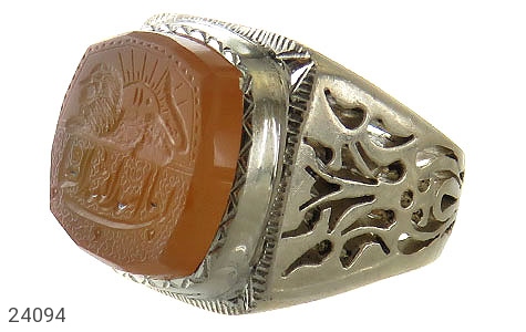 انگشتر نقره عقیق یمنی نارنجی خاص مردانه [شرف الشمس و یا اسدالله الغالب] - 24094